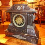 A large late Victorian slate marble mantle clock, the dial with Roman numerals,