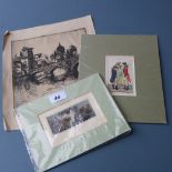 Two unframed 19th century coloured prints and an unframed etching signed K.