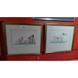 A pair of framed and glazed racing cartoons