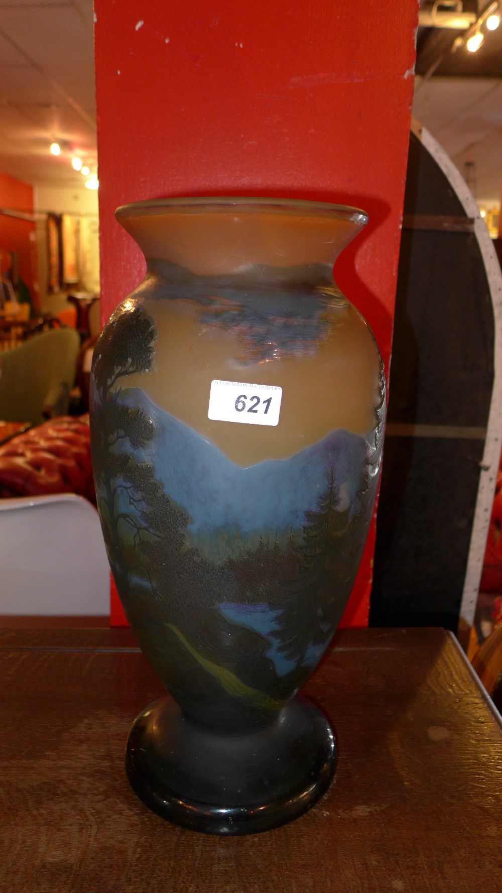 A Galle style glass vase decorated with