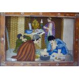 A framed pictorial rug depicting men smo