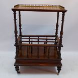 A Victorian burr walnut three division Canterbury with galleried top and single drawer below raised