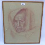 British school, very fine orientalist pencil portrait study of a man in a tunic,
