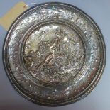 A Elkington silver plated charger, embossed and decorated with angels and warriors,