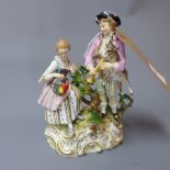A Meissen porcelain figural group depicting a man and a lady with animals playing musical