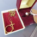 An opal and silver gilt ring together with a 9ct gold ring and a crucifix on chain