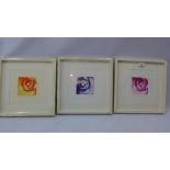 Talia Lehavi, three photo etchings of flowers, signed in pencil, in white painted frames,