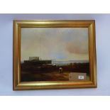 A Russian oil on canvas depicting a figure by fishing boats, in a gilt frame ,