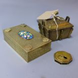 A Chinese rectangular bronze cigarette box having an oval enamelled plaque to the lid H 4 x W 5 x D