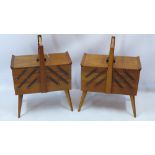 A pair of mid 20th century walnut fold out sewing boxes,