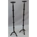 A pair of tall cast iron candlesticks,