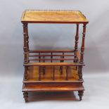 A Victorian burr walnut three division Canterbury with galleried top and single drawer below