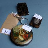 A collection of 19th century objects of vertu including a paper mache painted box,