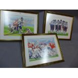 Three watercolours of American football scenes in gilt frames H 47 x W 57cm