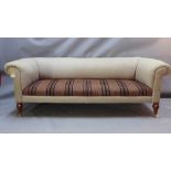 A Chesterfield sofa upholstered in stone coloured fabric with multicoloured striped seat H 69 x W