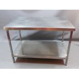 An industrial stainless steel preparation table H 84 x W 120 x D 80cm