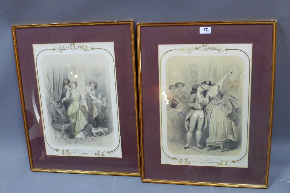 A pair of French prints 'Les Gages' in gilt frames H 60 x W 47cm