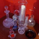 A collection of glass ware to include water jug, decanter etc.