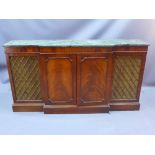 A 20th century mahogany breakfront chiffonier with green marble top above four cupboard doors and