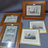 A collection of framed items including two hand tinted engravings from Chamberlains History of