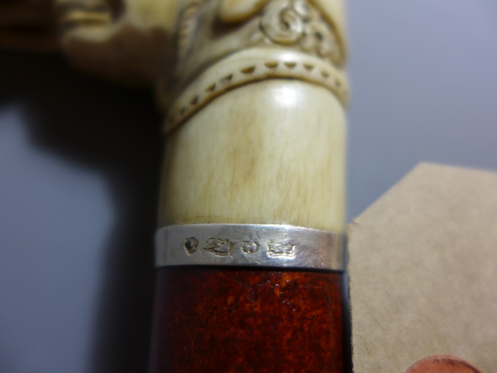 A walking stick with carved horn handle in the form of a Jewish scholar. With silver collar. - Image 3 of 3