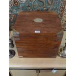 A campaign style teak and brass bound whiskey case H:40cm W:44cm D:38cm