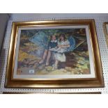 Karas, a Russian oil on canvas depicting two girl seated on hammock,
