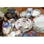 A quantity of various china tea and dinner wears and an Art Deco style marble mantle clock garniture