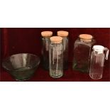 Five various glass kitchen jars and a bowl. (6)