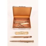 A collection of silver and gold plated propelling pencils and other collectables, Width 11cm x Depth