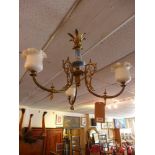 A C20th brass three branch chandelier wi