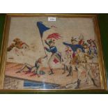 A 19th century French needlework picture depicting French soldiers in battle, framed,