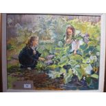 Karas, a Russian oil on canvas depicting girls picking flowers,