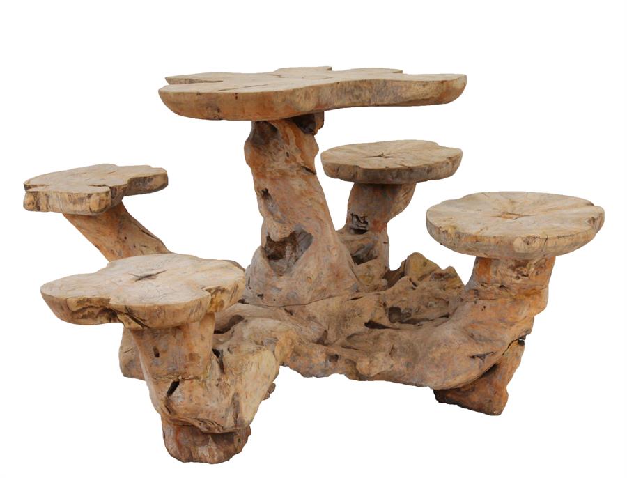 Wood Mushroom Table and Stools