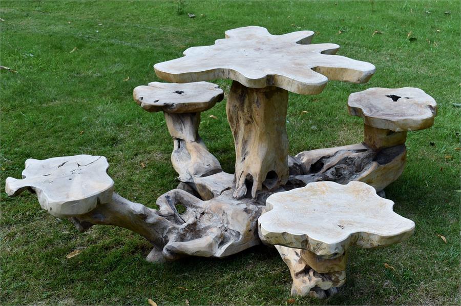 Wood Mushroom Table and Stools - Image 2 of 2
