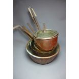 A collection of French copper saucepans