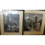 Two Polish woodcuts, old town scene and old church scene, both signed in pencil,