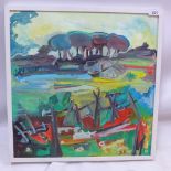 20th century abstract landscape coposition, acrylic on board, signed BR lower right,