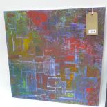 A contemporary abstract oil on canvas in colours of red, green and blue,