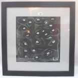 An abstract oil on board depicting eyes in darkness. Signed LX.