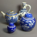 An 18th Century Chinese blue and white export ware tea pot together with two blue and white ginger