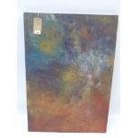 A contemporary abstract oil on canvas in colours of orange, gold and blue,