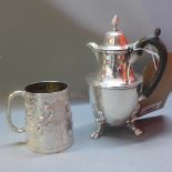 A Victorian silver christening mug embossed decorated with floral design together with a silver hot