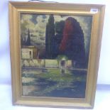 20th century North European school, temple by pond, oil on board, indistinctly signed lower right,