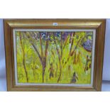 An oil on PVC depicting figures in a woodland scene in gilt frame.