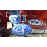 A 19th Century blue transfer pearl ware jug together with two pearl ware vases,