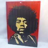 A large painting of Jimi Hendrix on panelled wood,
