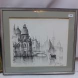 20th century view of Venice, charcoal and pencil on paper,signed indistinctly lower right,