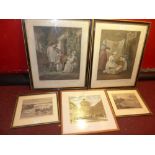 Two 18th Century engravings titled "Happy Cottagers" together with three prints.