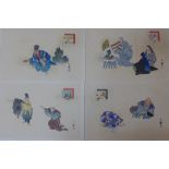 Collection of Meiji period watercolours on paper, illustrating scenes from Kyogen,